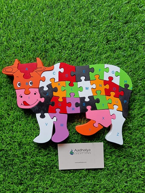Wooden Jigsaw Puzzle Cow One Side Alphabets One Side Numbers