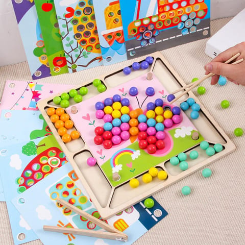 Montessori Educational Recognition - Wooden Multifunctional Color Beads Toy Clip Training Puzzle Game For Kids