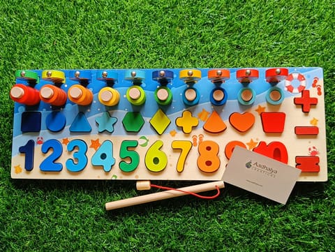 Montessori Math Toys For Kids Educational Wooden Toys 5 In 1 Magnet Fishing Count Numbers Matching Digital Shape Log Board