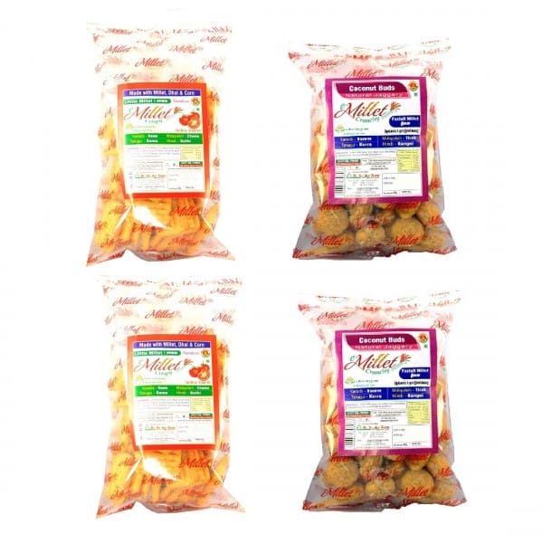 Little Millet Tomato Crispy And Coconut Jaggery Buds Packs Of 55g X 4 Nos