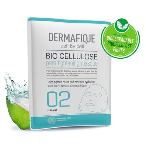 Dermafique Bio Cellulose Pore Tightening Face Serum Sheet Mask, with Aloe Vera, Chamomile, Grapefruit, Bamboo extracts, with Hyaluronic acid, for tightened pores and Hydration. Made with Bio-degradable fibres, Paraben Free, Dermatologist tested