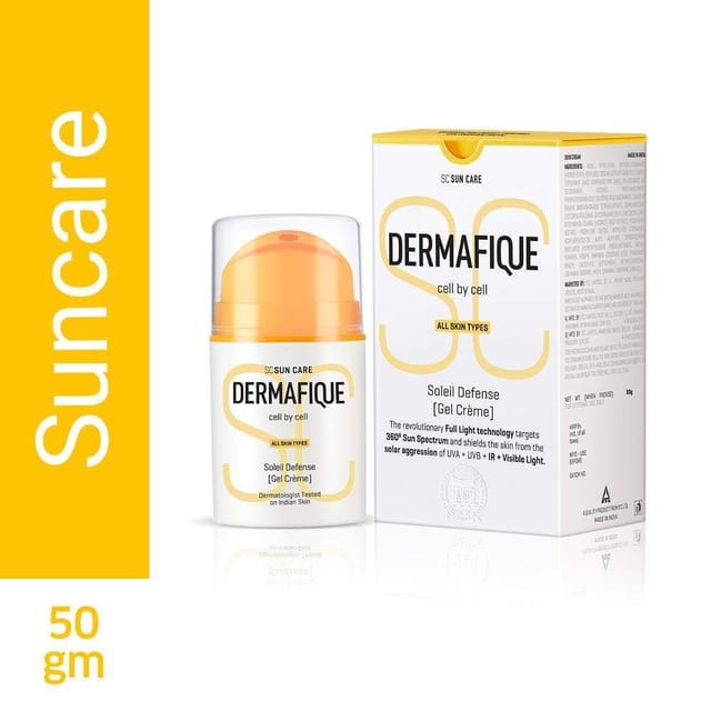 Dermafique Soleil Defense Gel Creme SPF 30 Sunscreen, for All Skin Types, Prevents tanning and pigmentation, Targets UVA, UVB, Infra-red and Visible Light, , Lightweight & Non-sticky, Dermatologist Tested, paraben free, For Face and Body (50Gm)