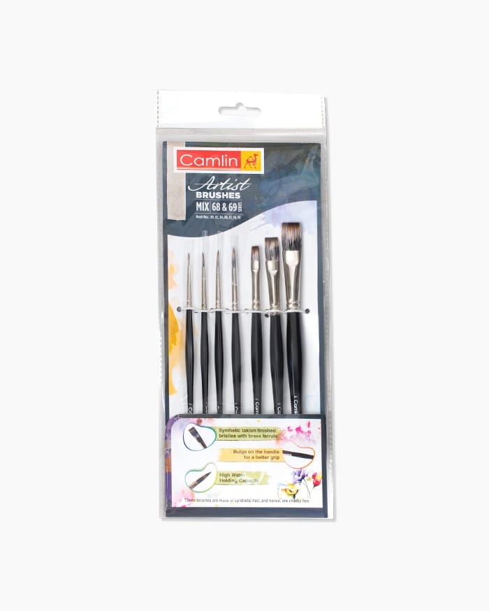 Camlin 
Artist 
Brushes 
Assorted 
pack 
of 
7 
brushes, 
Round 
- 
Series 
68 
& 
Flat 
- 
Series 
69