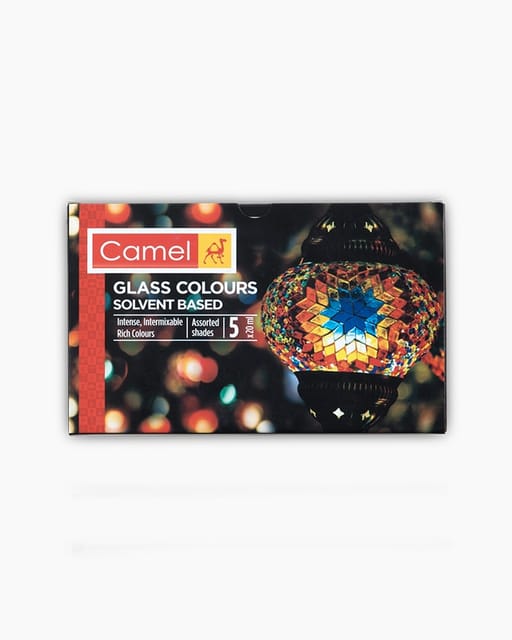 Camel Glass Colours Assorted pack of 5 shades in 20 ml with Medium and Liner, Solvent based