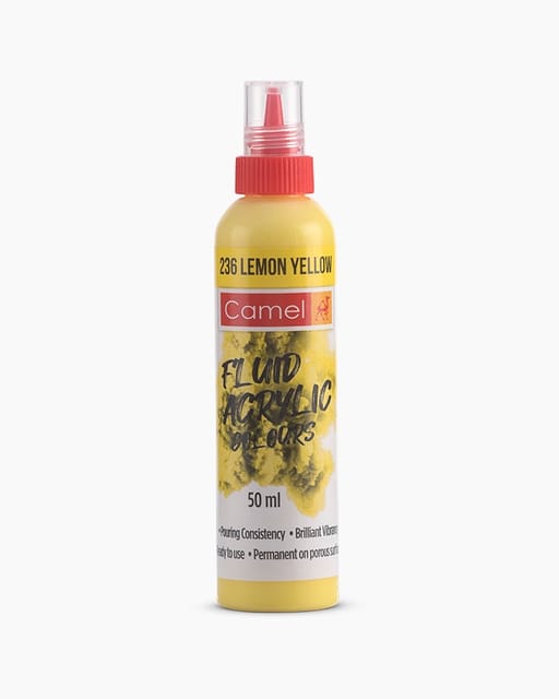 Camel Fluid Acrylic Colours Individual bottle of Lemon Yellow in 50 ml