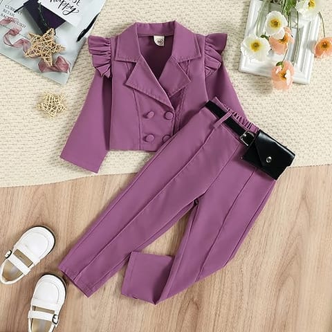 Kids Girls Clothes Set Girl Blazer Suit Long Sleeve Ruffle Button Jacket Blazers Tops High Waist Casual Pants with Belt Bag (Purple)
