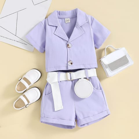 Summer Toddler Girls Short Sleeve Solid Jacket Tops Shorts Belt Waist Bag Outfits Milkmaid Goods (Purple, 1-5 Years)