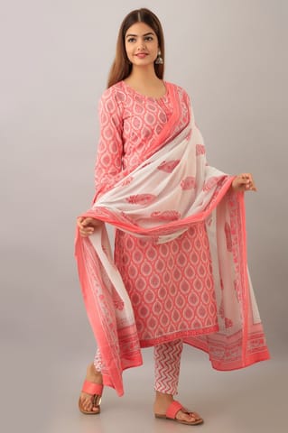 Women Pure Cotton Printed Kurta Pant Dupatta Set