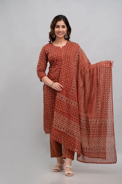 Women Pure Cotton Printed Kurta Pant Dupatta Set