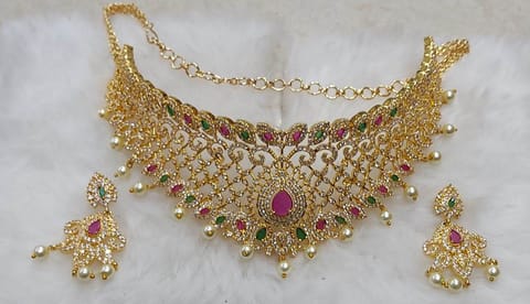 Estele Gold Plated Cz Magnificent Bridal Choker Necklace Set With Colored Stones & Pearls For Women