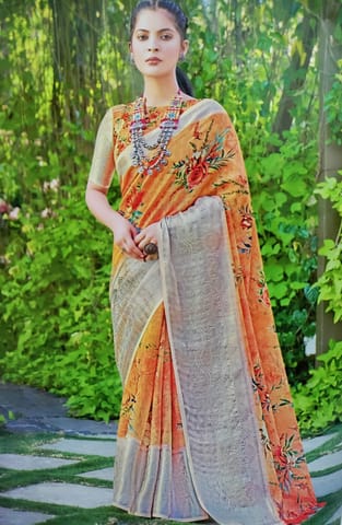 Linen Hand Paint With Silver Border Saree