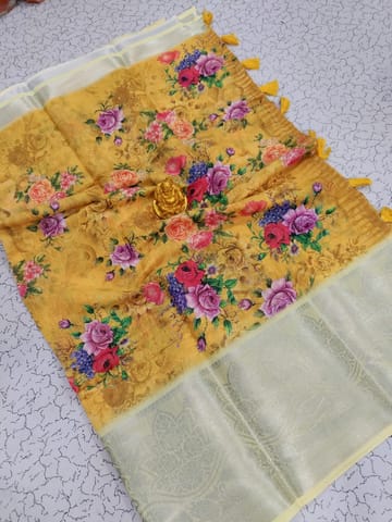 Linen Hand Paint With Silver Border Saree