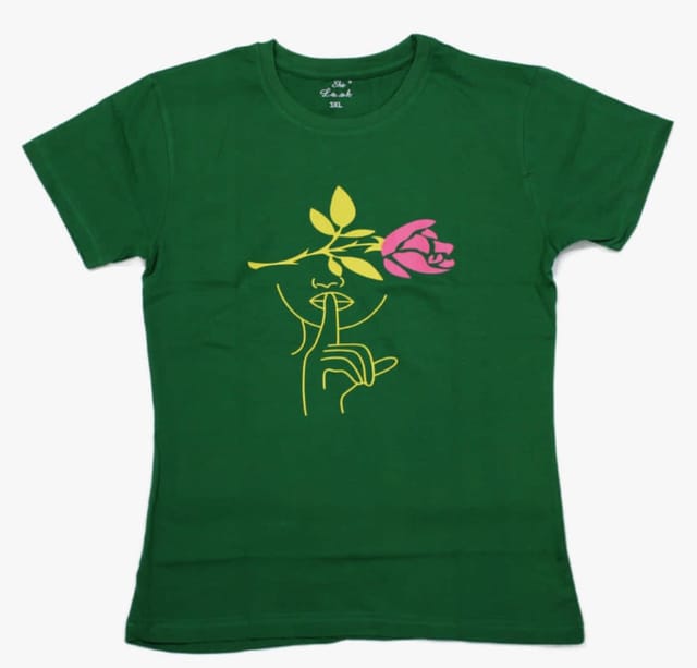 Rose Printed Green Tshirt For Women And Girls