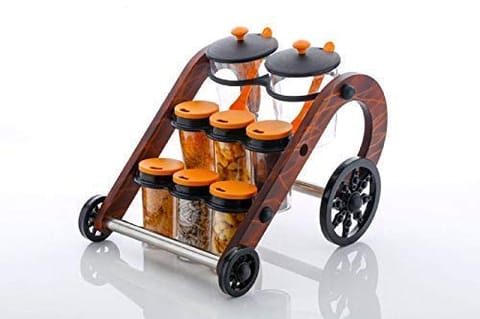 Cycle Spice Rack With 8 Jars And 2 Spoons Plastic And Wooden