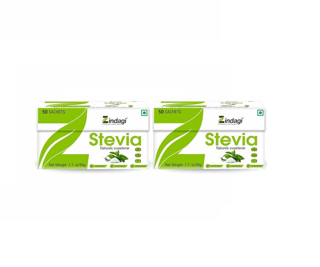 Zindagi Stevia Sugar Powder Sachets| Natural Sugar free Sweetener| Sugar Substitue|50 Sachets | Pack of 2