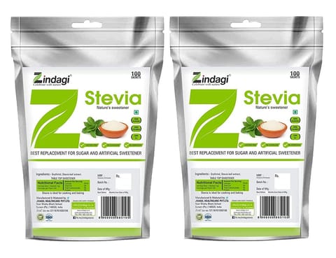 Zindagi Stevia Sugar Sachets |100% Natural Sweetener | Zero Calorie Sweetener | 100 Sachets |Pack of 2