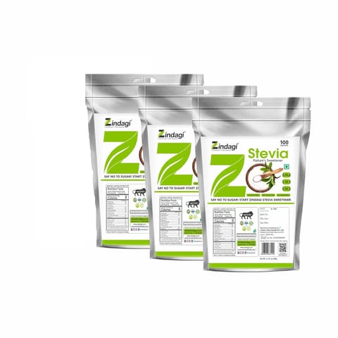 Zindagi Stevia Powder Sachets | 100% Natural Sugar-Free Sweetener | Zero Calorie Sweetener |Diabetic friendly | 100 Sachets |Pack Of 3