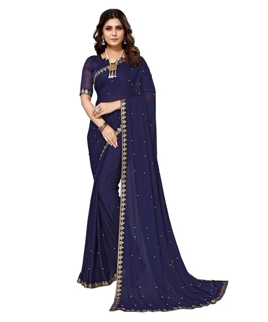 Vamika Goergette Silk Thread Work Navy Bollywood Style Saree