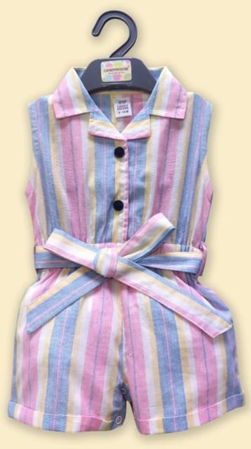 Girls Cotton Stripe Print Sleeveless Playsuit in Grey Color