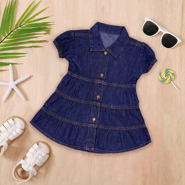 Girl’s Short Sleeve Front Open Stylish Cute Denim Dress Frock Tunic Baby Girls