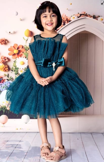 The Magic Wand Sleeveless Knee Length Bouquet Satin Belt Party Dress For Girls-Blue