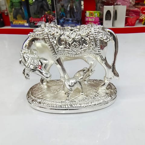 German Silver Cow with Calf Idol Statue