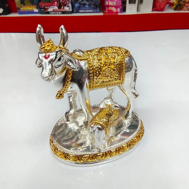German Silver Cow with Calf Idol Statue with Golden Finish