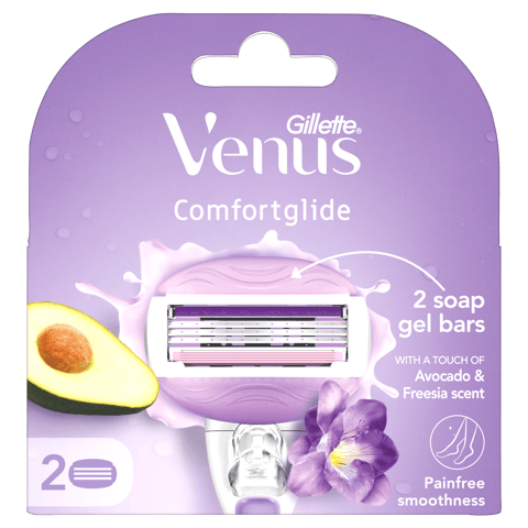 Gillette Venus Comfortglide Hair Removal Razor Blades/Refills/Cartridges | 2 Pcs | for Women | (Avocado Oils & Freesia scent soap gel bars)