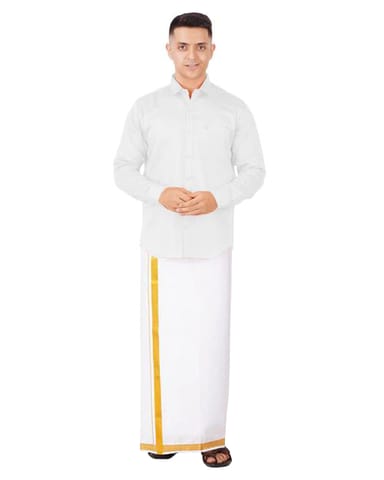Men’s Full Sleeve Shirt Cotton & Dhoti Gold Zari - Combo Set [White] Complimentary: Hankie, Pocket Perfume, Key Chain