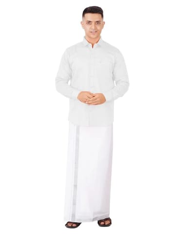 Men’s Full Sleeve Shirt Cotton & Dhoti Silver Zari - Combo Set [White] Complimentary: Hankie, Pocket Perfume, Key Chain