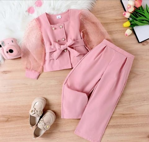 Girls Stylish Solid Pink Co-Ord Set