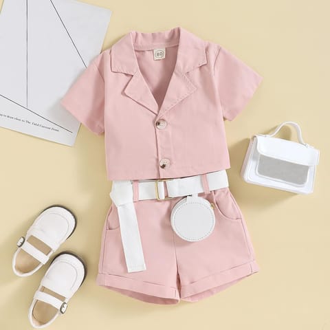 Summer Toddler Girls Short Sleeve Solid Jacket Tops Shorts Belt Waist Bag Outfits Milkmaid Goods (Pink, 1-5 Years)
