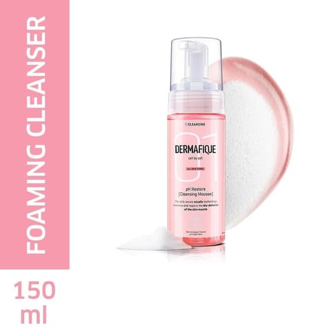 Dermafique Ph Restore Cleansing Mousse Foaming Face wash for All Skin Types, Removes Impurities, Gentle cleansing, Restores and repairs skin barrier, Dermatologist Tested, Paraben Free, SLES-free (150Ml)