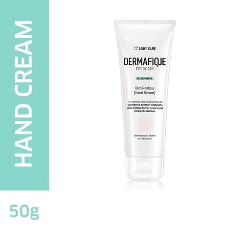 Dermafique Oleo Restore Hand Serum for all skin types, 10x Vitamin E infused cream, Non-sticky Hydration, prevents collagen breakdown, for soft nourished skin, dermatologist tested (50Gm)