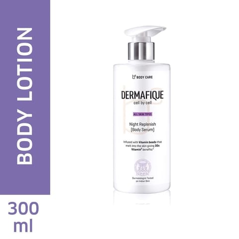 Dermafique Night Replenish Body Serum, Body Lotion for All Skin Types, Night Regeneration, 30x Vitamin E, Deeply hydrates and moisturizes, Repairs Skin Cell Damage, dermatologist tested (300Ml)