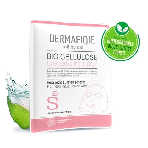 Dermafique Bio Cellulose Tone Perfecting Face Serum Sheet Mask with Aloe Vera, Chamomile, Grapefruit & Bamboo extracts, with Hyaluronic Acid. Reduces Uneven Skin Tone. Made with Bio-degradable fibres, Paraben Free, Dermatologist tested