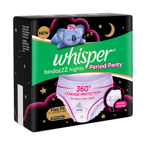 Whisper Bindazzz Night Period Panty|2 M-L Panties|upto 0% Leaks|360 degree leakage protection|Full back coverage|Suitable for Heavy Flow|Flex fit|Soft & comfortable|With disposable wrap