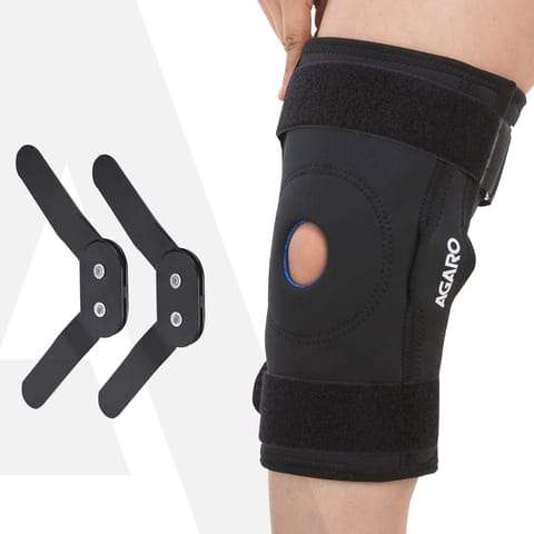 Knee Wrap Hinged With Open Patella, Rigid Biaxial Hinge, Neoprene Layer For Pain Relief,  Braces Walking, Workout And Sports, Black