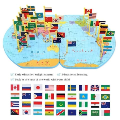 Wooden Map Of The World National Flags