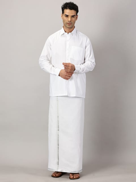 Men’s Full Sleeve Shirt Cotton & Dhoti Silver Zari - Combo Set [White] Complimentary: Hankie, Pocket Perfume, Key Chain