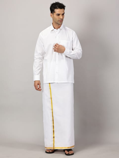 Men’s Full Sleeve Shirt Cotton & Dhoti Gold Zari - Combo Set [White] Complimentary: Hankie, Pocket Perfume, Key Chain