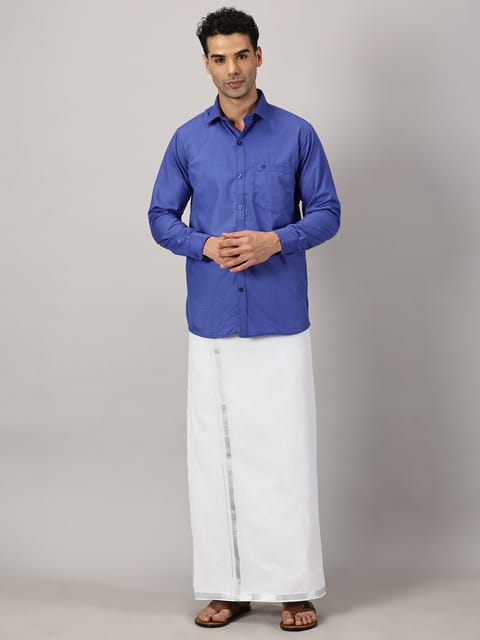 Men’s Full Sleeve Shirt Cotton & Dhoti Silver Zari - Combo Set [Cobalt] Complimentary: Hankie, Pocket Perfume, Key Chain