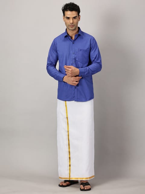 Men’s Full Sleeve Shirt Cotton & Dhoti Gold Zari - Combo Set [Cobalt] Complimentary: Hankie, Pocket Perfume, Key Chain