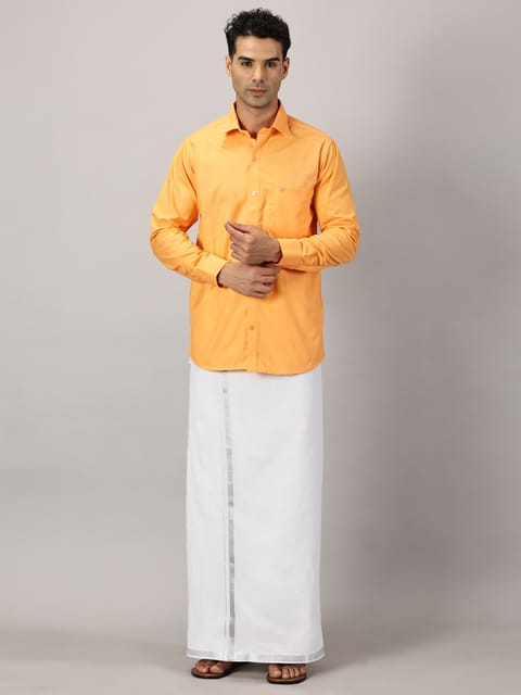 Men’s Full Sleeve Shirt Cotton& Dhoti Silver Zari - Combo Set [Saffron] Complimentary: Hankie, Pocket Perfume, Key Chain
