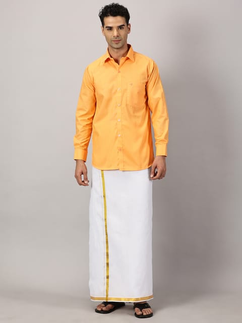 Men’s Full Sleeve Shirt Cotton & Dhoti Gold Zari - Combo Set [Saffron] Complimentary: Hankie, Pocket Perfume, Key Chain