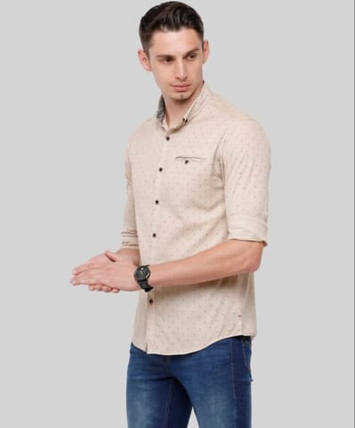 Men's Beige Slim Fit Print Full Sleeves Shirt