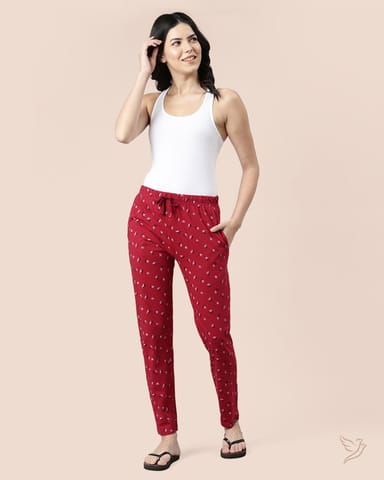 Twin Birds Women Lounge Wear Pants Red Printed