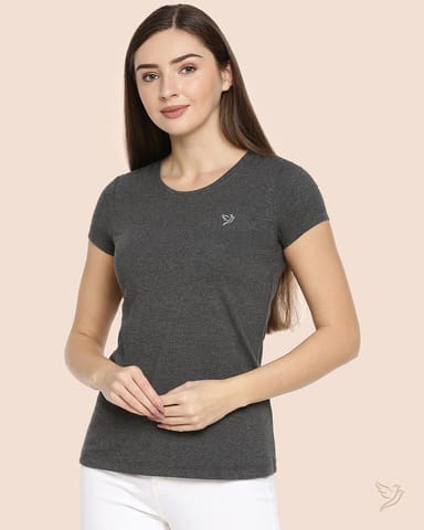 Twin Birds Women Slim Fit T Shirt Charcoal Mix