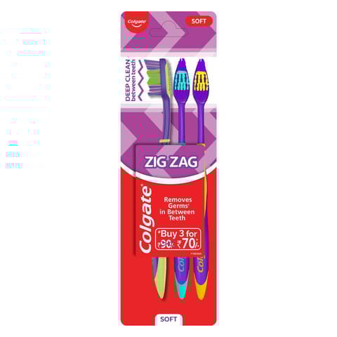 Colgate ZigZag Soft Bristle Toothbrush - 3 Pcs, Multicolour, Compact Brush Head for Deep & Complete Cleansing