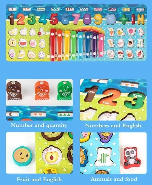 5-In-1 Matching Board Children 's Fruit Animal Cognition Fishing Logarithmic Puzzle With Xylophone Early Education Wooden Toys